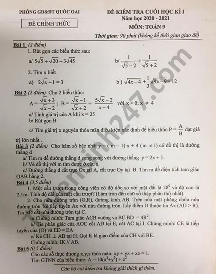 Đề Thi Học Kì 1 Năm 2020 Môn Toán Lớp 9 Phòng Gd Quốc Oai
