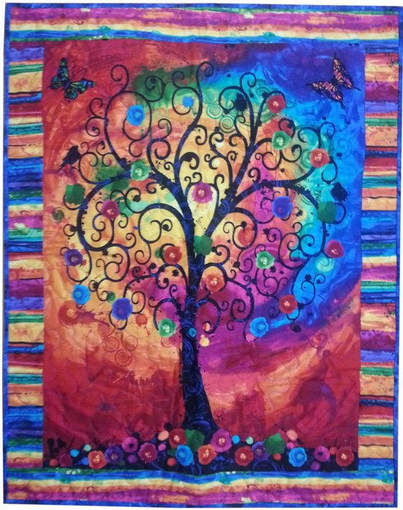 Wall Quilt , Tree Of Life Quilt , Butterflies, Flowers , Wall Hanging |  Landscape Art Quilts, Wall Quilts, Tree Quilt