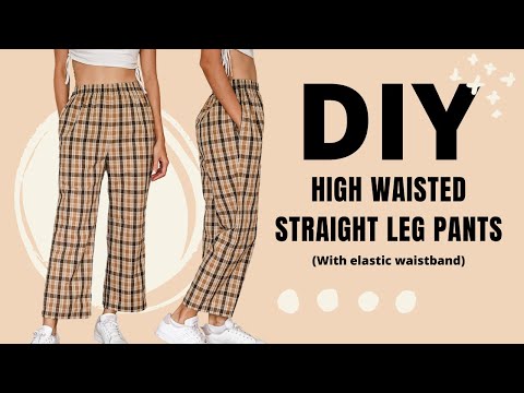 DIY High waisted straight leg pants (With elastic waistband and side pockets) | Sewing tutorial